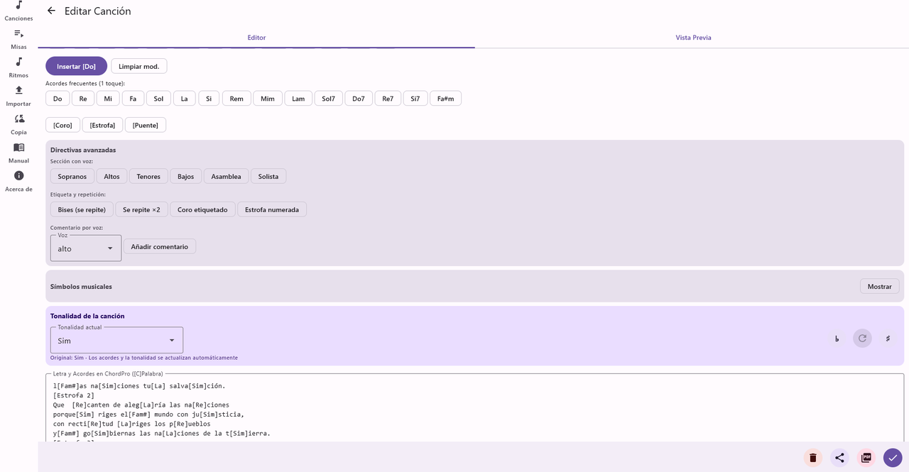Editor de un canto en Canticora, con campos de tono, compás, tempo y adjuntos